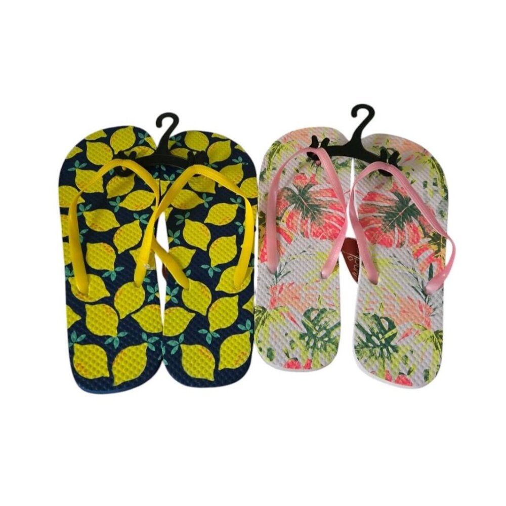 Juncture Flip-Flops Womens Size L 9/10  "White Palm Leaf" & “Navy Lemon ” Rubber